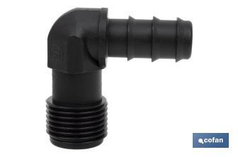 3/4" Male-threaded elbow hose connector | Black | Essential irrigation accessory for drip irrigation system installation - Cofan