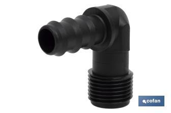 Conector en forma de Codo con Rosca Macho 3/4" color Negro - Cofan