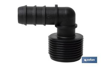 Conector en forma de Codo con Rosca Macho 3/4" color Negro - Cofan