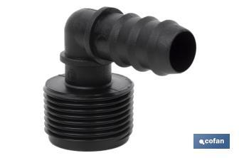 Conector en forma de Codo con Rosca Macho 3/4" color Negro - Cofan