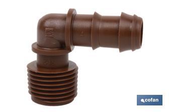 Conector em forma de joelho | Com rosca macho de 1/2'' ou 3/4" | Cor Castanho - Cofan