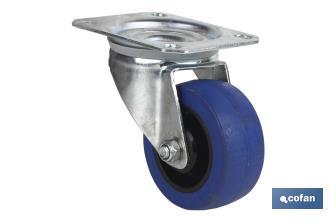Rueda de goma azul y placa giratoria | Con cojinete de rodillo | Para pesos de hasta 150 kg y diámetros de 80, 100 y 125 mm - Cofan