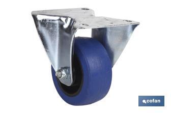 Roue en caoutchouc bleu fixe | Avec coussinet à rouleau | Pour des poids de jusqu'à 150 kg et des diamètres de 80, 100 et 125 mm - Cofan