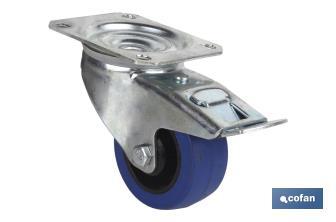 Rueda de goma azul giratoria con freno | Con cojinete de rodillo | Para pesos de hasta 150 kg y diámetros de 80, 100 y 125 mm - Cofan