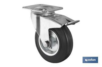 Metal and rubber castor with swivel plate and brake | Available diameters from 80mm to 125mm | For loads from 80kg to 150kg - Cofan